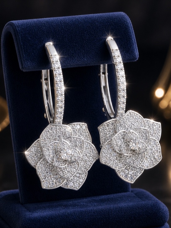 Jewelry - Silver Crystal Flower Drop Earrings | Pavé Hoop Dangle | Elegant Statement Jewel